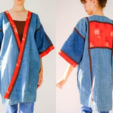 Vintage 70s French Dressing Co. Medium Wash Denim & Silk Asian Floral Kimono w/ Pockets | 100% Silk | 1970s Designer Bohemian Chore Jacket 