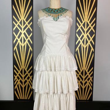 1980s strapless dress, white cotton, vintage 80s dress, tiered ruffled skirt, madonna, summer dress, 1980s sundress, medium large, lolita 