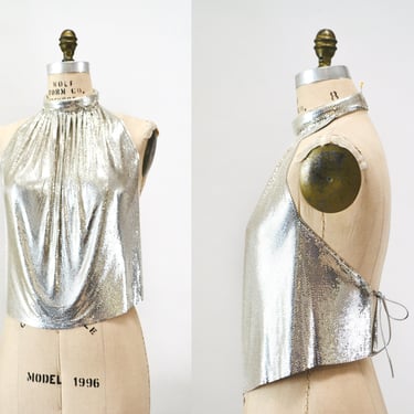 70s 80s Silver Whiting and Davis Vintage Chainmail Mesh Halter Top Metallic Metal Disco Halter Top By Whiting & Davis Ferrara Silver Mesh 