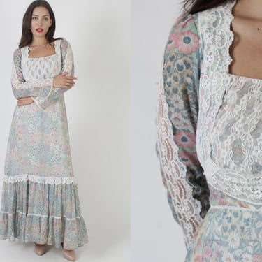 Gunne Sax Boho Wedding Dress By Jessica McClintock, Dirndl Style Lace Bodice, Renaissance Fair Pastel Print Material, Tag Size 13 