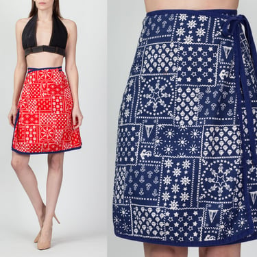 70s Reversible Bandana Print Wrap Skirt - Extra Small | Vintage Red White Blue Boho Nautical Mini Skirt 