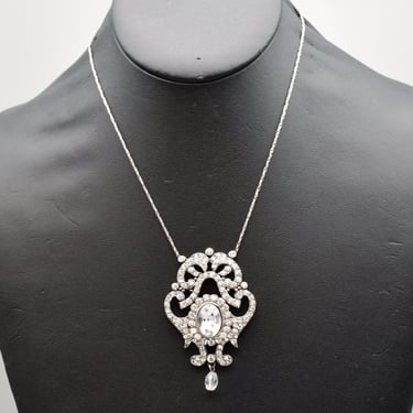 60's Hollywood Regency rhinestone antiqued silver tone affixed pendant, ornate crystal bling cobra chain necklace 