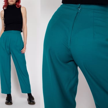 Petite XS 80s Teal High Waisted Trousers 23” | Vintage Pleated Relaxed Fit Tapered Leg Pants 