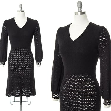 Vintage 1970s Sweater Dress | 70s Black Open Knit Acrylic Bishop Sleeve Boho Wiggle Long Sleeve Knit Dress (x-small/small) 
