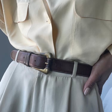 vintage leather brass gold tone buckle simple leather belt 