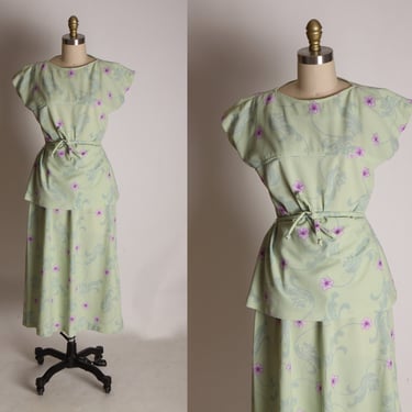 1970s Light Green and Purple Swirl Floral Short Sleeve Double Knit Blouse with Matching A Line Skirt Two Piece Outfit -M 