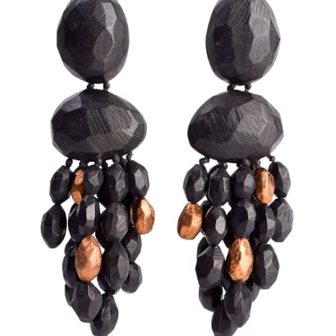 Monies Vintage Black Acacia Wood and Bronze Foil Oversized Fringe Earrings