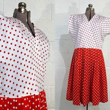 Vintage Red Dress Polka Dot White Print Short Sleeve 80s Edith Flagg Knee Length Pleated Fit Flare 1980s XL 
