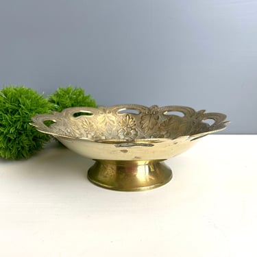 Stamped brass pedestal bowl with floral pattern - bohemian vintage 