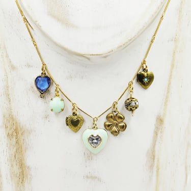 Statement Charm Necklace, Chunky Necklace with Vintage Charms, Locket Necklace, Green and Blue, Unique Gift for Mom 