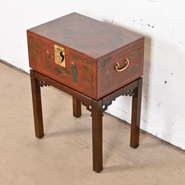 Drexel Heritage Hollywood Regency Chinoiserie Hand-Painted Red Lacquered Chest on Stand