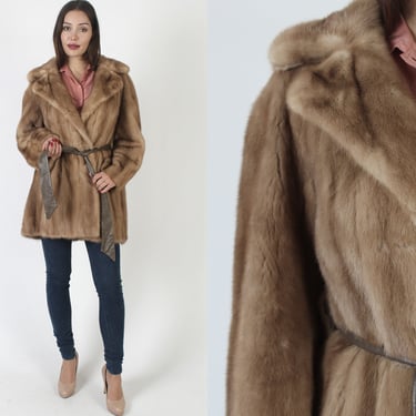 Vintage 60s Autumn Haze Mink Coat, Large Fur Back Collar Pockets Coat, Margot Tenenbaum Honey Color Natural Belted Opera Overcoat 