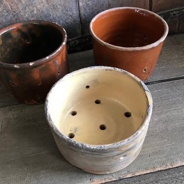 Antique French Cheese Molds, Glazed Terra Cotta, Rustic Earthenware Pottery French Farmhouse Cuisine 