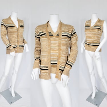 1970's Tan Green Stripe Space Dye 2Pc Sweater Vest Set I Sz Med I Cardigan Sweater 