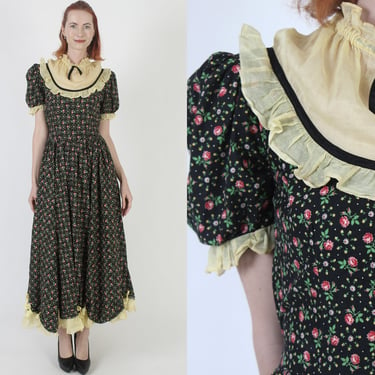 Charming Black Cotton Pilgrim Style Dress / Americana Inspired Homespun Clothing / Farm Life Chore Work Maxi 