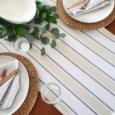 Gray & White Striped Table Runner, Farmhouse Table Runner, Extra Wide Table Runner 