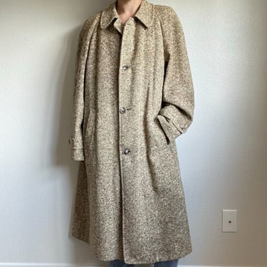 Vintage 70s Hyde Park Womens Beige Wool Tweed Long Winter Trench Coat Sz L 