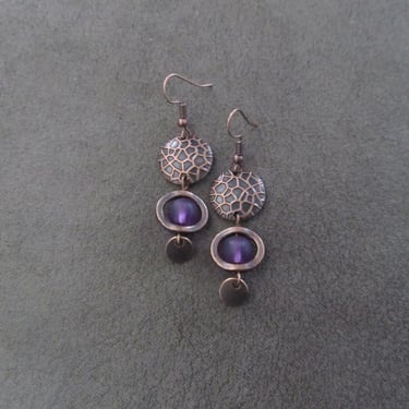 Mid century modern purple frosted glass and copper earrings 