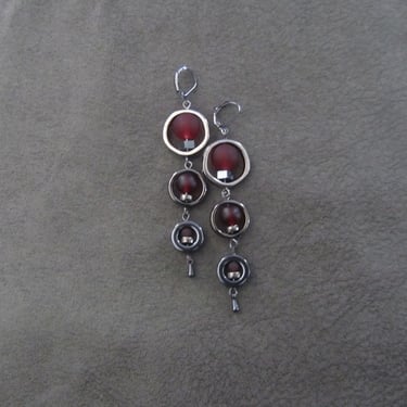 Long sea glass earrings, bohemian earrings, gunmetal earrings, bold earrings, boho earrings, red earrings, geometric earrings, artisan 