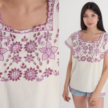 Embroidered Cutout Blouse White Purple Cutwork Blouse Floral Eyelet Cut Out Top 90s Short Sleeve 1990s Boho Hippie Bohemian Medium 