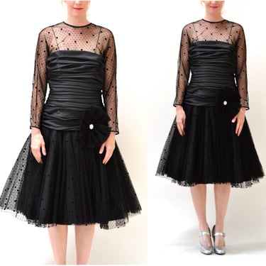 Vintage Black Dress Medium Crinoline Skirt Polka Dot // 80s 90s Black 80s Prom Dress Illusion Dress // Black Party Prom Dress Medium Large 