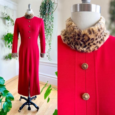 Vintage 1990s Maxi Dress | 90s Leopard Print Faux Fur Trim Red Stretchy Knit Long Sleeve Wiggle Holiday Sweaterdress | medium 