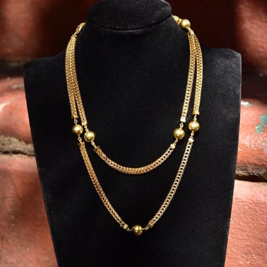 Vintage Solid 18K Yellow Gold Bead Station Necklace, Thick Square Foxtail Link Chain, 10mm Gold Beads, Layered Gold Necklace, 37