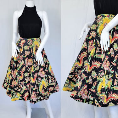 1950's Black Dragon Print Quilted Circle Skirt I Sz Lrg I Novelty Print I Flaws 