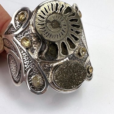 Artisan Modernist Statement Fossil Ammonite Citrine Pyrite & Sterling Silver Cuff Bracelet 