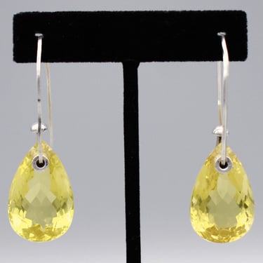 80's citrine teardrop sterling wire threaders, big 3D lemon quartz twisted 925 silver earrings 