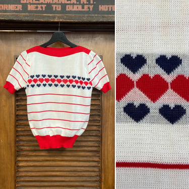 Vintage 1970’s -Deadstock- Hearts Glam Mod Knit Sweaters Short Sleeve Pop Art Boat Neck Cute Shirt Top, 70’s Knit Top, Vintage Clothing 