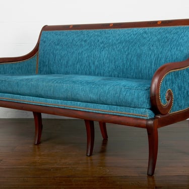 Antique French Empire Style Mahogany Settee W/ Blue Upholstery 
