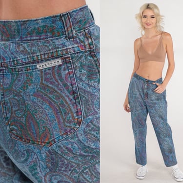 Paisley Tapered Jeans 90s High Waisted Rise Jeans Blue Denim Pants Retro Abstract Groovy Print Slim Leg Festival Vintage 1990s Small S 29 