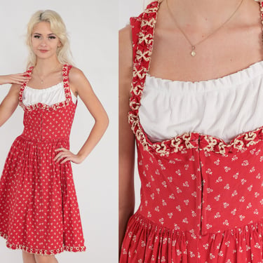 60s Dirndl Dress Red Cherry Print Mini Dress High Waisted Oktoberfest Retro Folk Peasant Original Lanz of Salzburg Vintage 1960s Small 40 