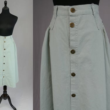 80s Pleated Pale Muted Green Skirt - 29" waist - Pleats Full Cut Yoke - Button Front - Cotton - Cherokee - Vintage 1980s - M 