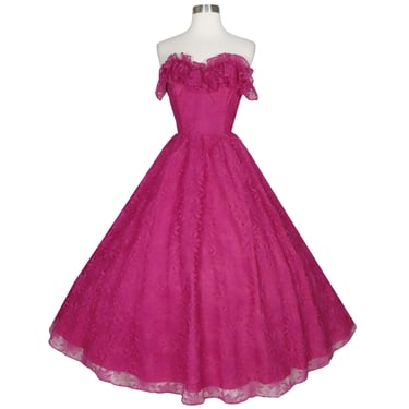 Vintage 70s 80s Pink Strapless Ruffle Lace Prom Party Dress S Small Magenta Floral Full Skirt Womens Formal Dance 50s Fit Flare Princess 