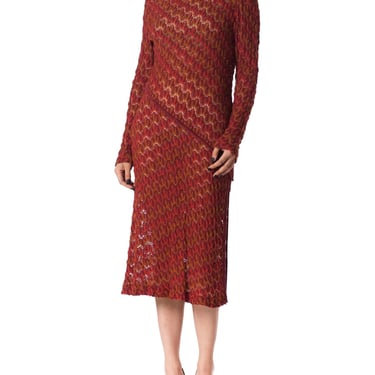 1970S MISSONI KNIT Style Burgundy Silk Long Sleeve Dress With Side Slit 