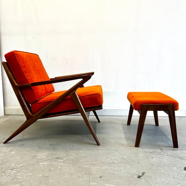 Solid Handmade Walnut Z chair with Ottoman in Electric Orange 