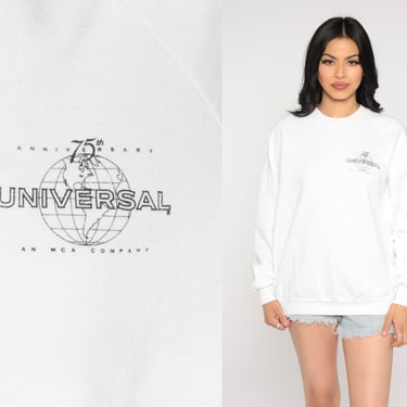 Universal Pictures Sweatshirt 90s White Raglan Sleeve Crewneck MCA Pullover Universal Studios 75th Anniversary Vintage 1990s Mens Large L 