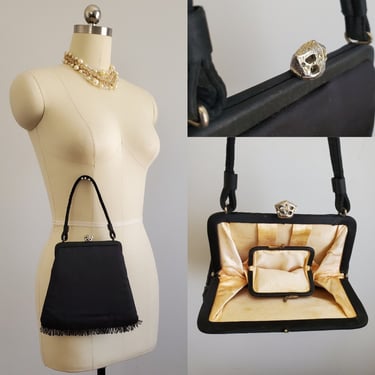 1940's Black Satin Evening Bag with Fringe - 40s Handbag - 40s Pinup Accessories 