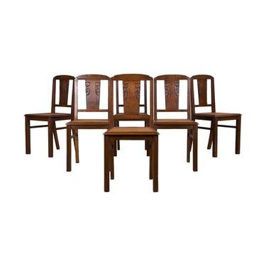 1930s French Art Deco Oak Dining Chairs W/ Cane Seats - Set of 6 