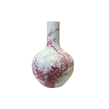 Chinese Porcelain Plum Red Flower Bird Fat Body Shape Vase ws2559E 