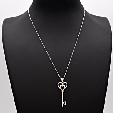 90's sterling vermeil crystal heart key pendant, 925 silver key to the heart twisted serpentine necklace 