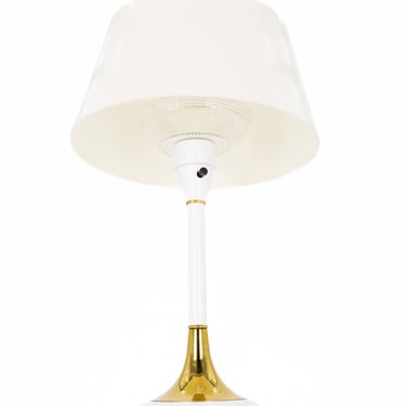 Gerald Thurston White Aluminum & Brass Mid Century Table Lamp with Original Plastic Shade and Dimmer - mcm 