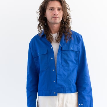 Vintage Cobalt Blue Work Crop Snap Jacket | Unisex Cotton Blend Utility Workwear Made in Europe | M L | J029 