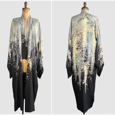 JAPANESE GARDEN Vintage 30s Silk Kimono | 1930s Blossom Floral Print Asian Silk Robe | Art Deco Boho Bohemian, Gatsby, Lingerie | Open Size 