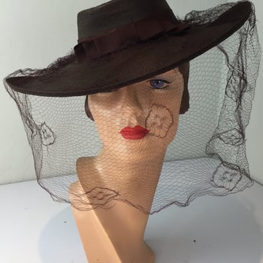 Cool, Calm and Collected - Vintage 1940s Hickory Brown Lacquered Straw & Veiled Wide Brim Hat 