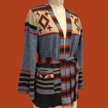 Vintage Wrap Cardigan Retro 1970s DonnKenny + No Size + Southwestern + 100% Acrylic + Belted Sweater + Bell Sleeve + Womens Apparel 