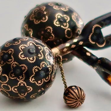 Matched Pr Antique Victorian Piqué Ball Combs Hair Ornaments, 