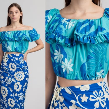 70s Hawaiian Blue Floral Ruffle Crop Top - One Size | Vintage Off Shoulder Boho Elastic Neckline Cropped Blouse 
